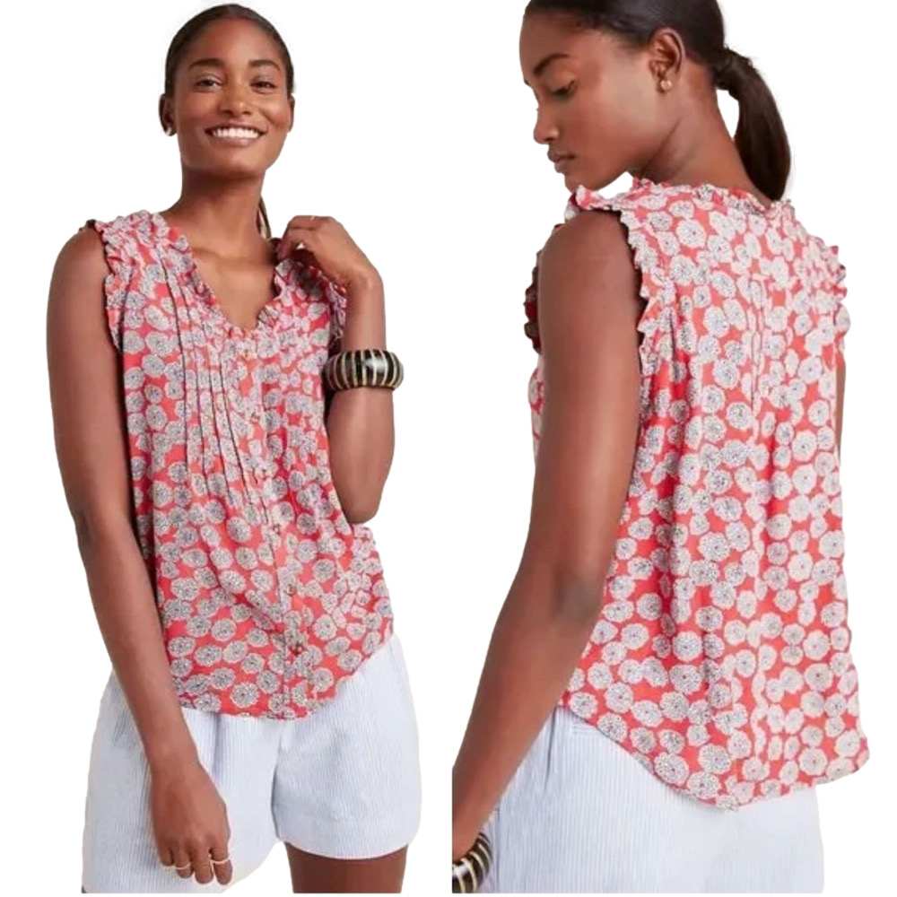 🐣Maeve by Anthropologie Rayne Floral Sleeveless button down Top red&white 12 GUC